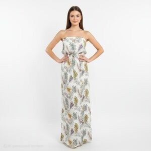 Attirance Womens Maxi Dress White Multi Leaf Print in Sage and Yellow Strapless